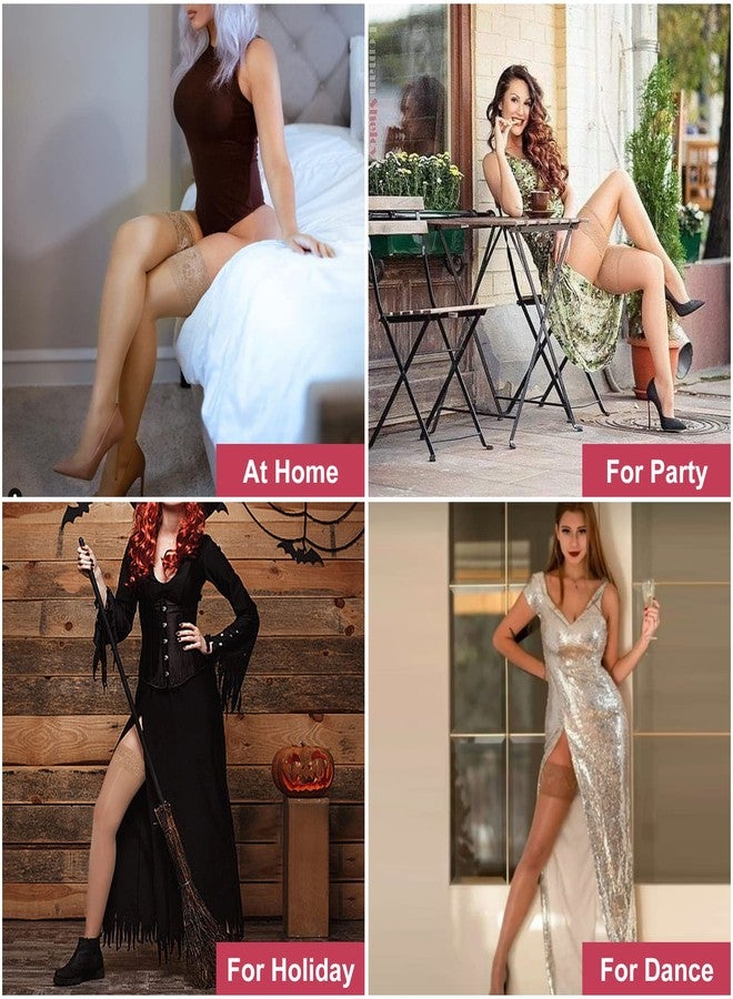 MANZI Sheer Shiny Thigh High Stockings 2 Pairs Silky lingerie Pantyhose for Women with Stay Up Silicone Lace Top(1 Natural+1 Black, L/XL) - Image 5